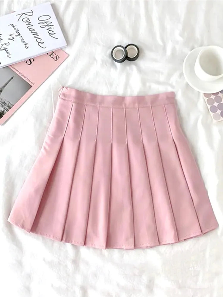 2026 Summer Women Pink High Waist Pleated Mini Skirt Casual School Style A-Line Skirt