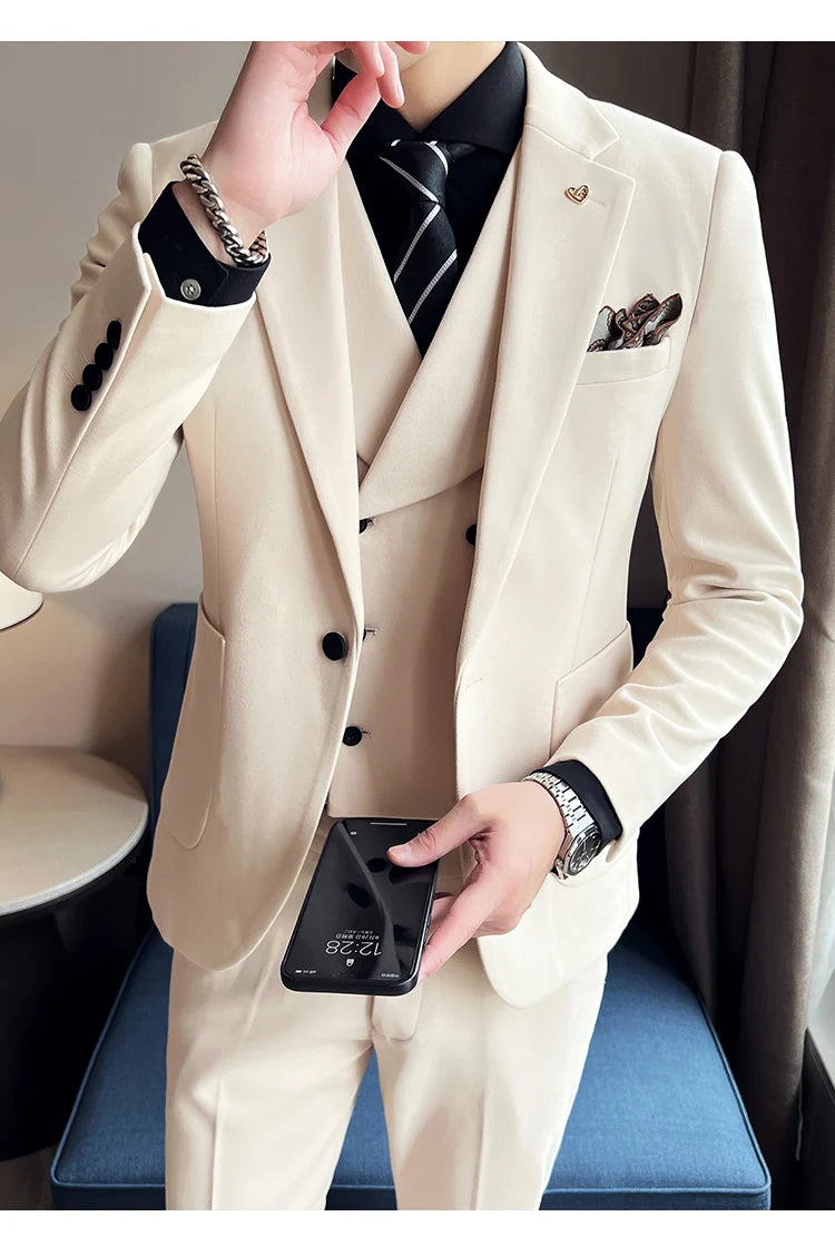 2025 Autumn Winter New Thickened Warm Woolen Blazer Set for Men Korean Version Slim Fit Groom Best Man Wedding Suit Formal Wear