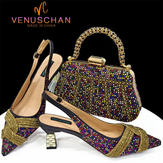 Black Hollow Design With Pointed Shoes And Fashion Three-Dimensional Bag Cozy Rhinestones Are Suitable For Parties