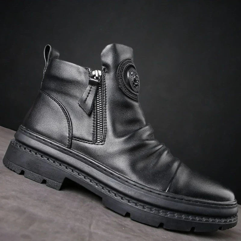 Men's Motorcycle Leather Boots British Style Round Head High Top Shoes Side Zip Walking Casual Platform Boots Bota Masculina