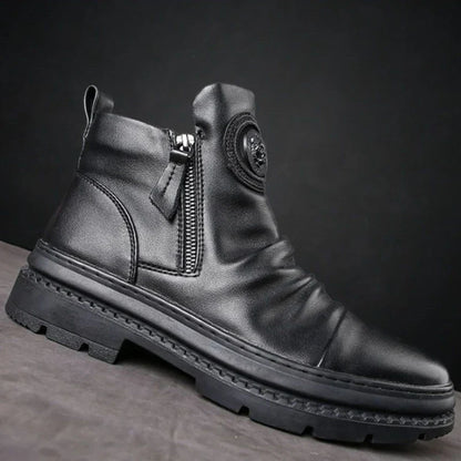 Men's Motorcycle Leather Boots British Style Round Head High Top Shoes Side Zip Walking Casual Platform Boots Bota Masculina