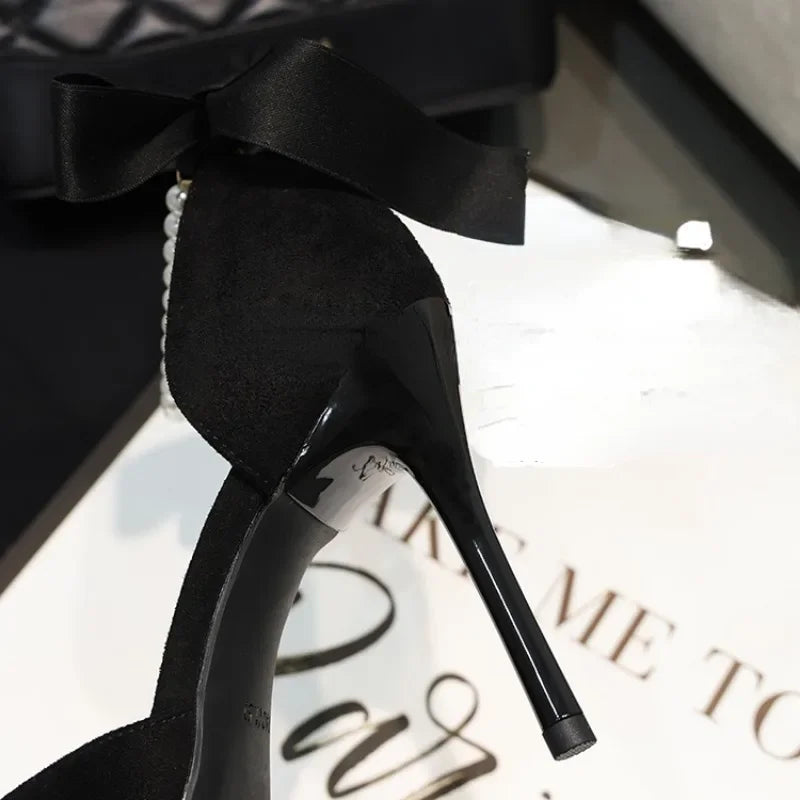 Black Women's Pumps   Summer New Brand Design String Bead Pearls Wedding Bridal High Heels Sexy Pointed Toe Party Dance Shoes
