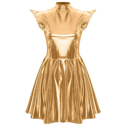 Womens Cocktail Dress Shiny Metallic Dress Alien Space Cap Sleeve High Waist A-line Dress for Halloween Party High Street Dress