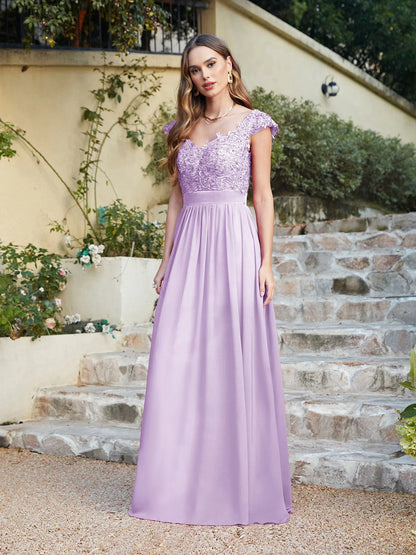 A-line V Neck Sleeveless Floral Lace Chiffon Back Hollow Long Paty Bridesmaid Dress Women 2024 For Wedding Sexy Evening Dress