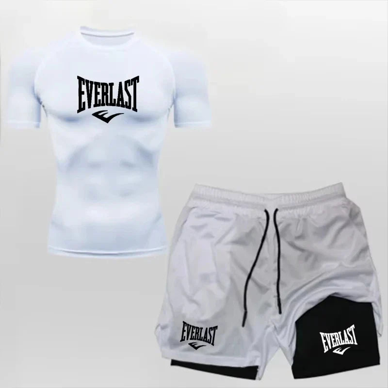 Men's Compress Shirt + 2-in-1 sports shorts 2pcs Set Leisure Breath Short Sleeve Sport Jogging Gym Brand Print Clothing
