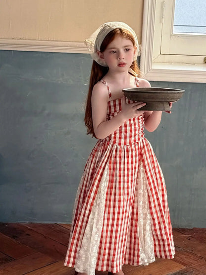 2025 Summer New Children Fairy Long Dress for Girls French Red Checkered Lace Splicing Lace Strap Dress