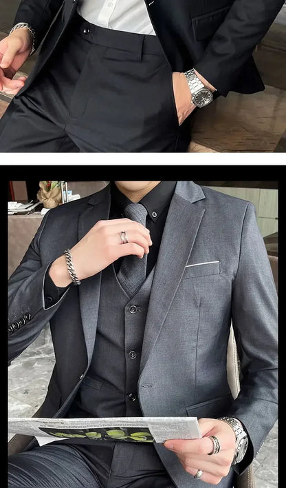 Suit (Blazer+ Vest + Pants) Men's Fashion Casual Outdoor Gentleman Business Wedding Formal Dress British Style Wedding Suit
