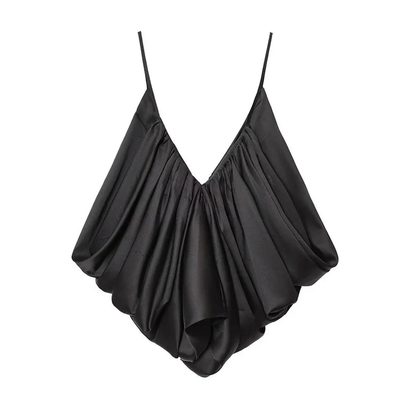Women's Slip Tops Fashion Satin Pleated V-Neck Sleeveless Top Summer Sexy Female Chic Tops
