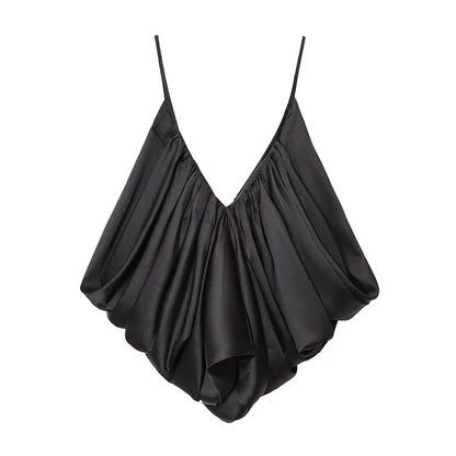 Women's Slip Tops Fashion Satin Pleated V-Neck Sleeveless Top Summer Sexy Female Chic Tops