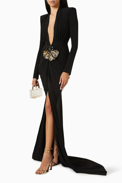 2025 New Spring Women Long Sleeve Deep V-Neck Bodycon Long Dress Elegant Evening Party Celebrate Cocktail Outfit Vestido