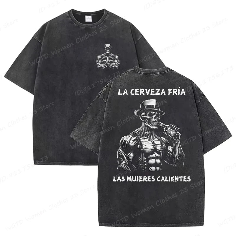 Calacas Chidas Gym Washed T-Shirts Men's Trendy Cool Skeleton & Gym Print Oversized Tshirt Summer Tees Streetwear Casual Tops