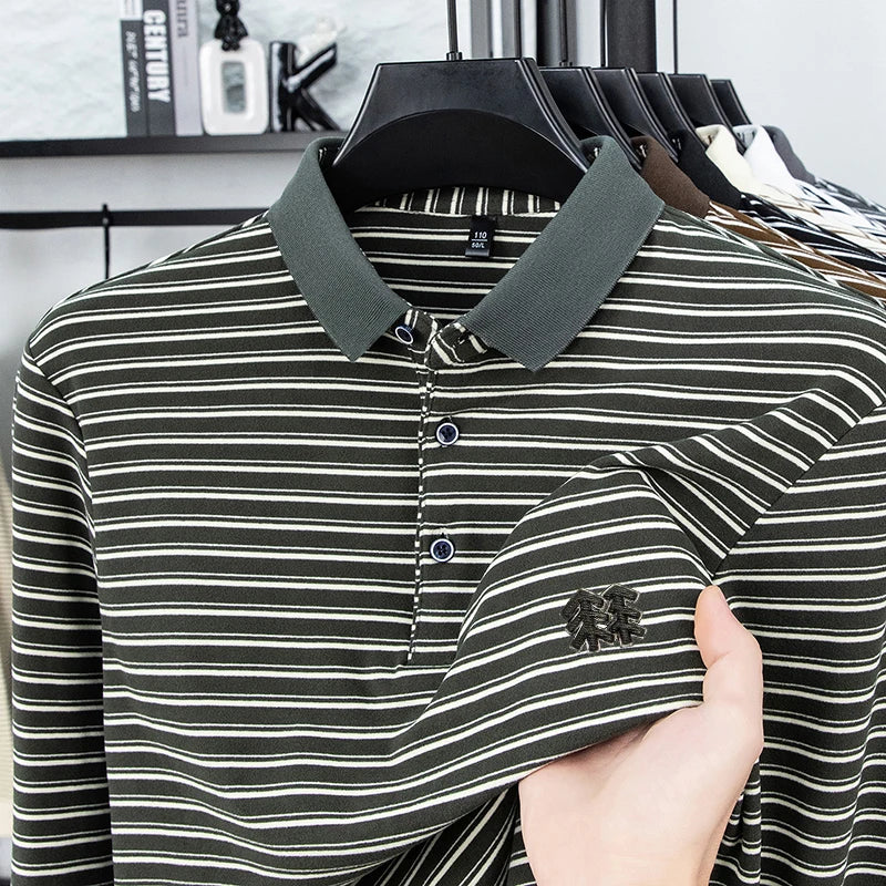 Men's Striped Long Sleeved T-shirt Polo Shirt Button Up Men's Stand Up Collar, Winter Double-sided German Velvet Base Shirt
