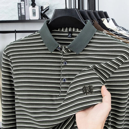 Men's Striped Long Sleeved T-shirt Polo Shirt Button Up Men's Stand Up Collar, Winter Double-sided German Velvet Base Shirt