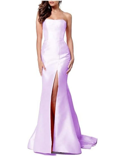 Women's Sleeveless Mermaid High Slit Backless Long Prom Gowns Strapless Floor Length Satin Evening Maxi Dresses
