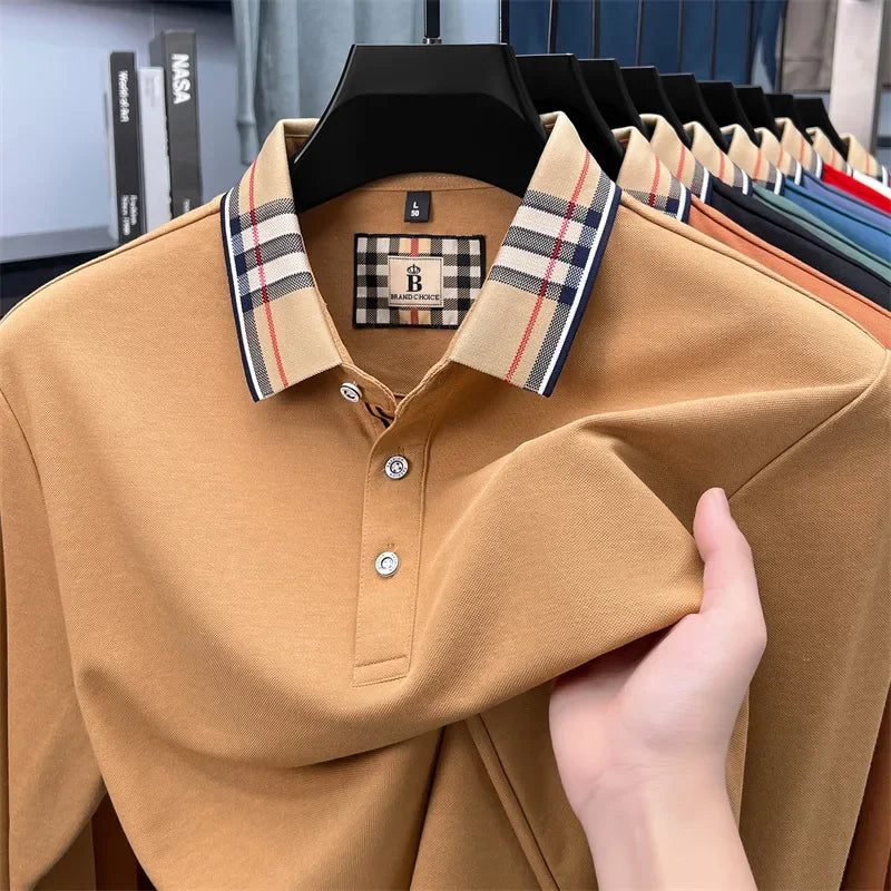 Men's Plaid Long Sleeve Polo Shirt Autumn Winter Casual Office Outdoor Fashion Top Commercial Collar Trendy Men's Clothing
