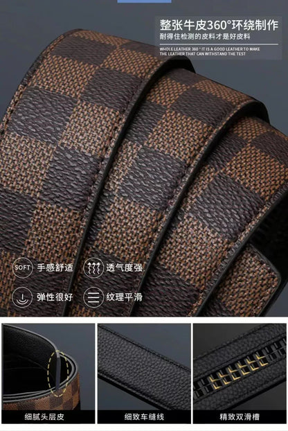 Men's Genuine Leather Belt Business Casual Automatic Buckle Checker Pattern Cowhide Trousers Belt