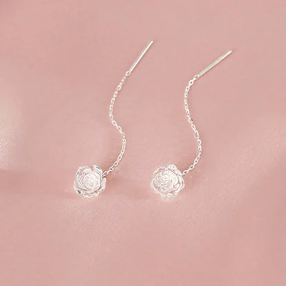 Minimalism Romantic Sterling Silver Rose Flower Pendant Ear Thread Versatile Girl Commuting Dangle Earrings Temperament Jewelry
