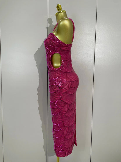 Women Hot Sale Sleeveless Sexy Strap Pearl Beading Sequins Bodycon Long Dress Celebrate Evening Party Birthday Outfit Vestido
