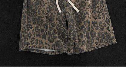 Men Leopard Denim Shorts Summer Thin American High Street Drawstring Casual Pants Loose Popular Versatile Handsome Trousers