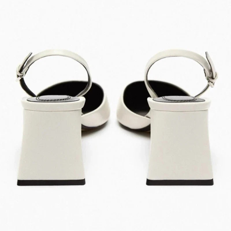 Sexy White Pointed Toe Chunky Heel Pumps Women Luxury Back Strap Buckle Designer Shoe Elegant Commuting Office Shoe Talons Femme