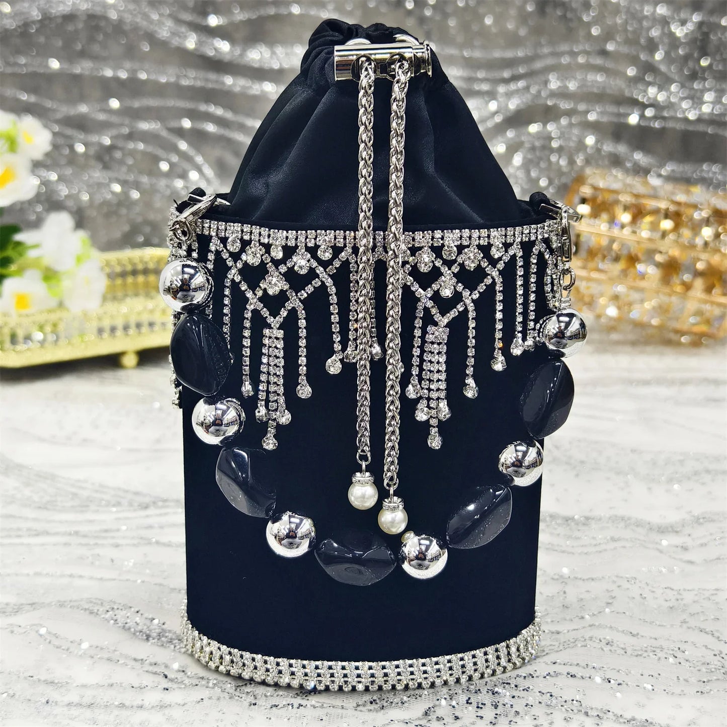 Pointed-Toe High Women Heels Shoes and Bags for Women Rhinestone Evening Party Elegant Luxury Handbag