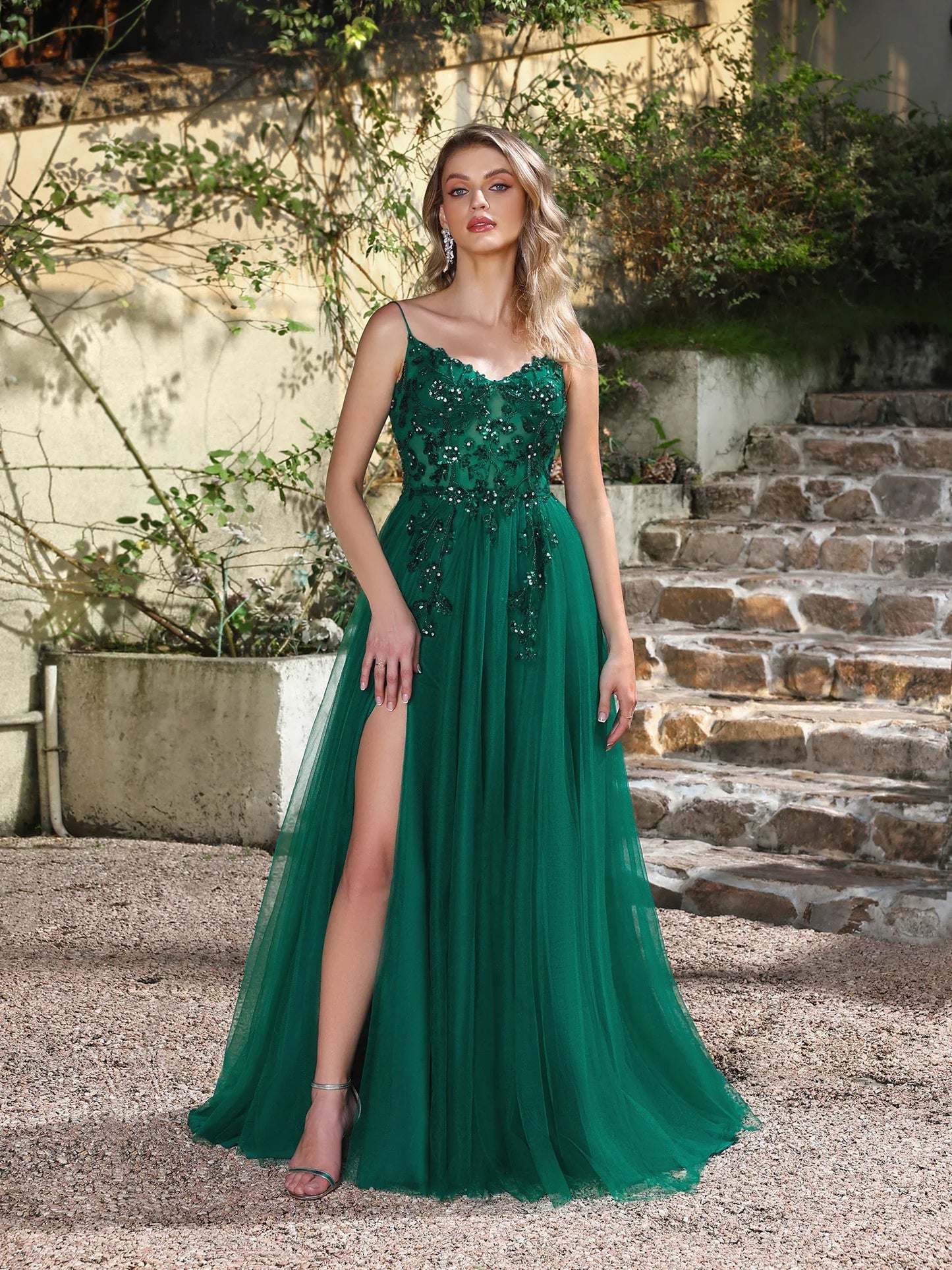 Sequins Lace Green Tulle Prom Dresses 2025 Sexy Spaghetti Straps Side Slit Evening Dress for Wedding Guest Party Dress