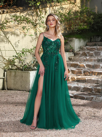 Sequins Lace Green Tulle Prom Dresses 2025 Sexy Spaghetti Straps Side Slit Evening Dress for Wedding Guest Party Dress