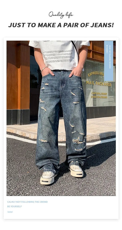 American-style distressed wide-leg jeans, loose-fitting washed and distressed straight-leg jeans, trendy brand.