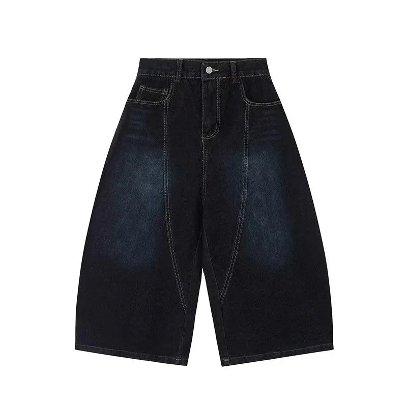 American Retro Embroidered Letter Cut-off Jeans Loose Straight Leg Trousers for Men High Waist Design Summer New Style