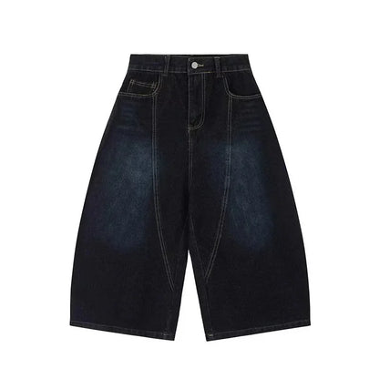 American Retro Embroidered Letter Cut-off Jeans Loose Straight Leg Trousers for Men High Waist Design Summer New Style