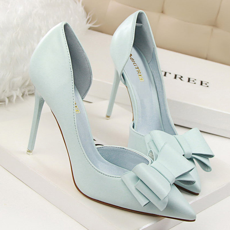 Women 7.5cm 10cm High Heels Korean Pumps Scarpins Cute Bow Middle Low Heels Lady Fetish Sweet Wedding Bridal Yellow Blue Shoes
