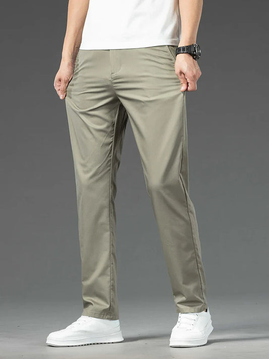 Spring Summer New Men's Casual Pants Thin Mulberry Silk Soft Business Casual Trousers Slim Straight Elastic Suit Pants Male