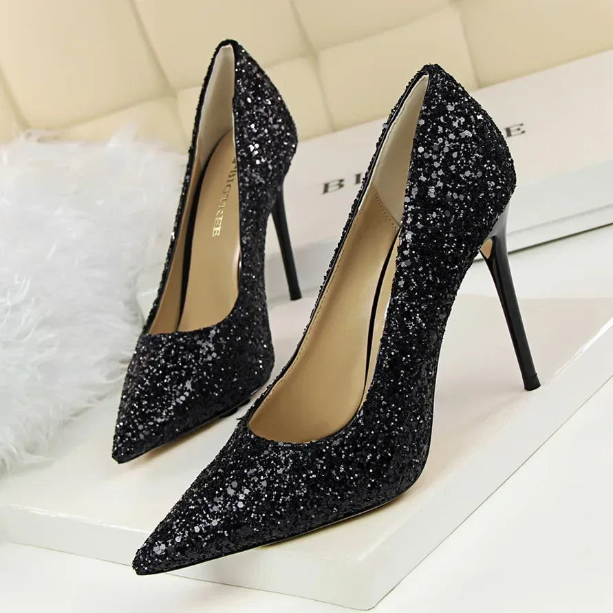 Women Luxury Bling Red  Blue Valentine Party Scarpins Pumps Lady Glitter Sequins 7cm 9.5cm High Heels Designer Shoes Plus Size