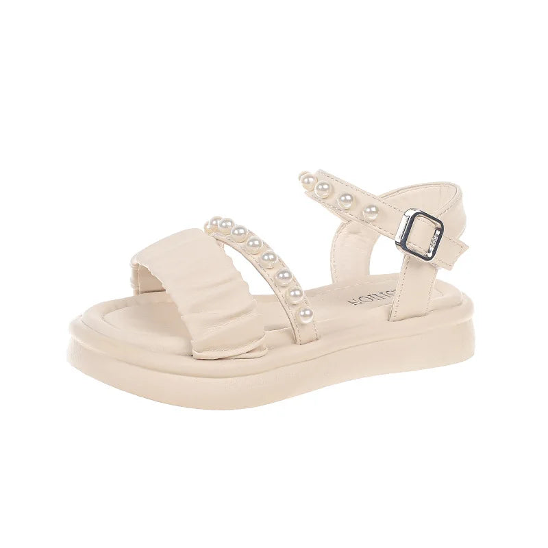 Girls Sandals Kids Summer Shoes Children's Beach Sandals with Pearls Princess Sweet Anti-slippery Open Toes Lace Chic Beading