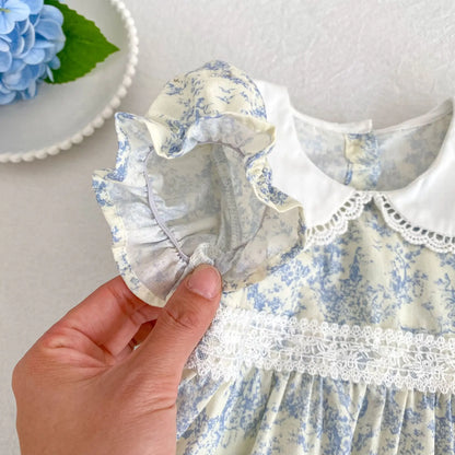 2026 Novo Vestido de Verão para Meninas Crianças 2-6 Anos Vestido de Manga Curta Bufante Estampa Floral Gola Franzida Algodão Doce