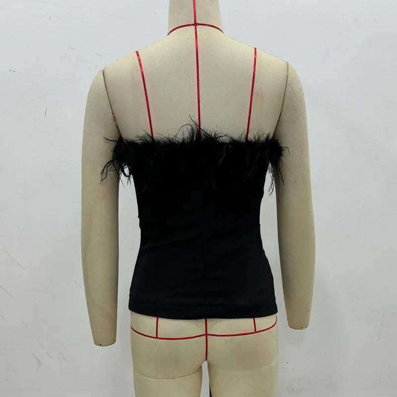 Black Feather Crop Top Women off Shoulder Corset Top Female Sexy Backless Tube Tops for Women Strapless Bustier Top Woman