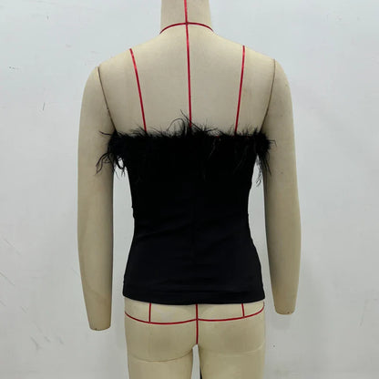Black Feather Crop Top Women off Shoulder Corset Top Female Sexy Backless Tube Tops for Women Strapless Bustier Top Woman