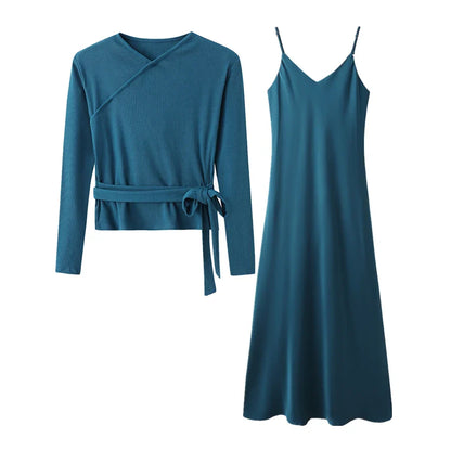 woman clothes thicken ribbing closed-fit wrap tops + Satin Adjustable straps dress (ship out in 1 day)