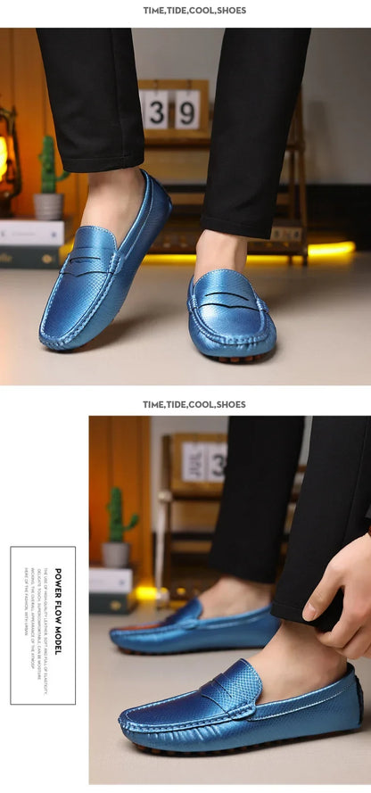 Mocassins Masculinos de Couro Azul de Luxo Moda Casual Confortável para Homens Designer Sapatos Slip-on Planos Masculinos zapatos hombre