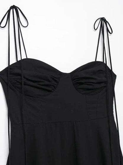 Summer New Woman Dress Spaghetti Strap Sleeveless Backless Lace-Up Zipper Pleats Sweet Beach Style Female Long Dresses