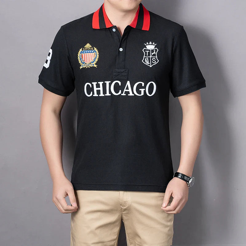 Men's polo shirt USA Chicago short sleeve Royal leisure sports party cotton embroidered with slit contrast color original
