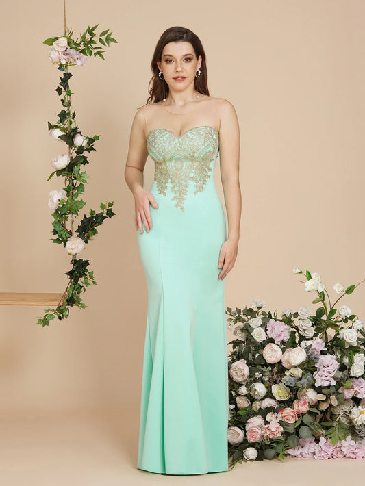 Mint Green Bridesmaid Dresses Mermaid Lace Applique Mesh Neck Backless Evening Formaol Party Prom Gown For Bride Vestido De Gala