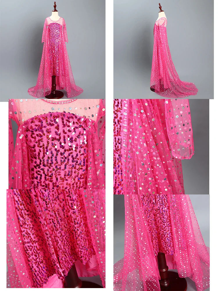 Children New Elsa Costume Little Girls Princess Cosplay Birthday Sequin Maxi Dresses Cinderella Rose Red Performance Ball Gown
