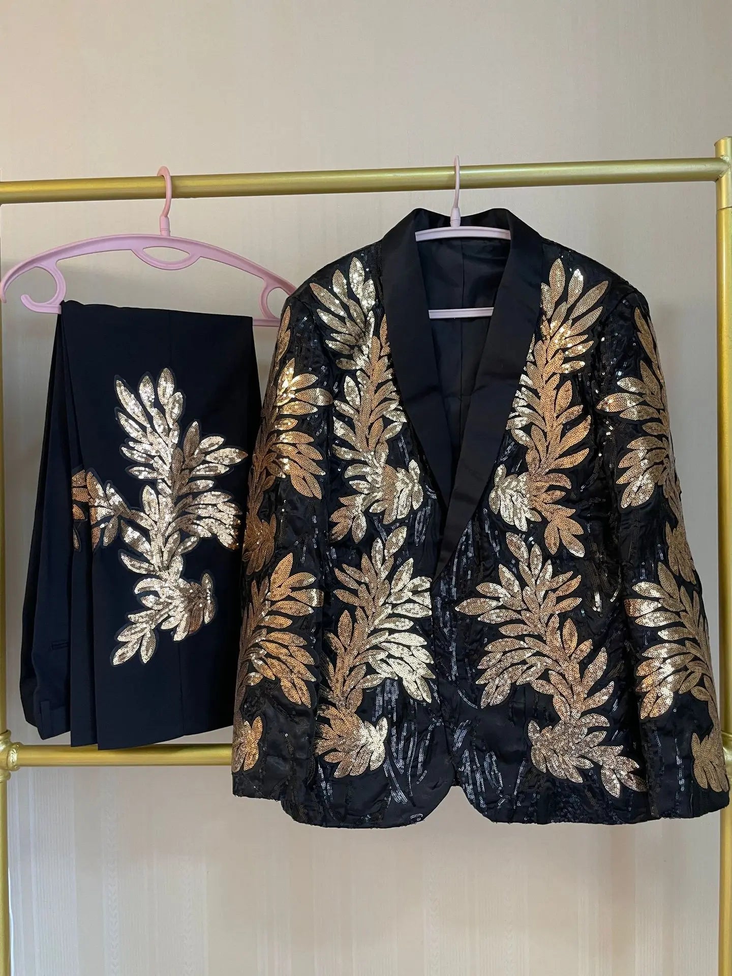 Men's Gold Sequin Applique Fashion Trend Suit Set High-Quality Casual Jacket And Western Pants Two-Piece Ensemble