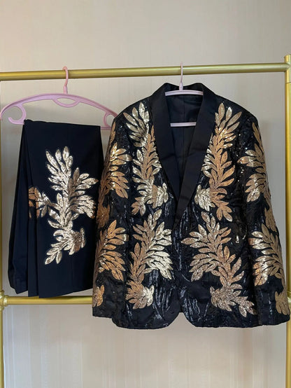 Men's Gold Sequin Applique Fashion Trend Suit Set High-Quality Casual Jacket And Western Pants Two-Piece Ensemble