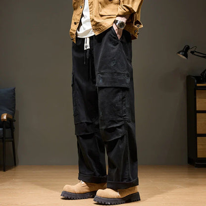 Men's Baggy Cargo Pants with Pockets 100% Cotton Drawstring Elastic Waist Wide Leg Outdoor Casual Pants Plus Size 8XL