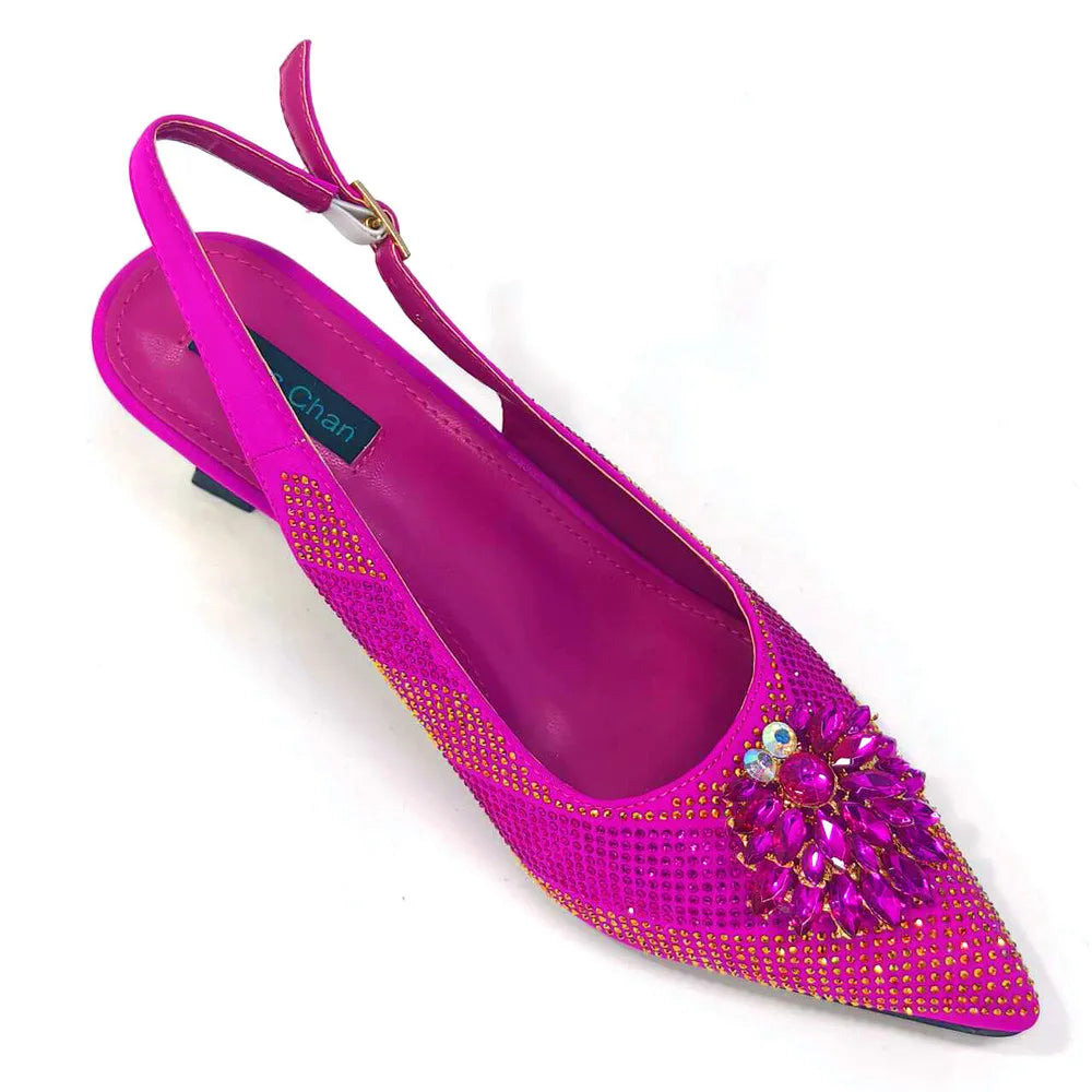 Italian Design Rhinestone Luxury Green Colour Pointed Toe Shoe & Bag Set Women's High Heels for Parties High Quality