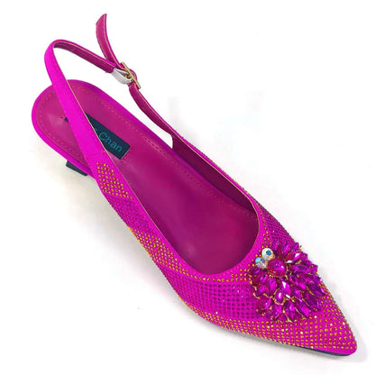 Italian Design Rhinestone Luxury Green Colour Pointed Toe Shoe & Bag Set Women's High Heels for Parties High Quality
