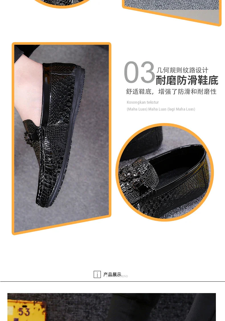Sapatos Masculinos de Couro com Contas Estilo Britânico Outono Pretos Casuais para Homens Coreanos Preguiçosos Slip-on Sola Macia Mocassins de Condução Modernos