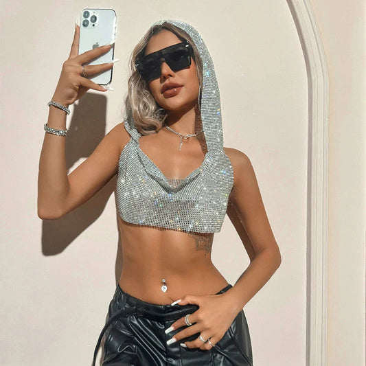 2025 Summer New Rhinestone Hooded Crop Top Sexy Deep V Neck Backless Sleeveless Glitter Tank Top Rave Nightclub Party Camisole